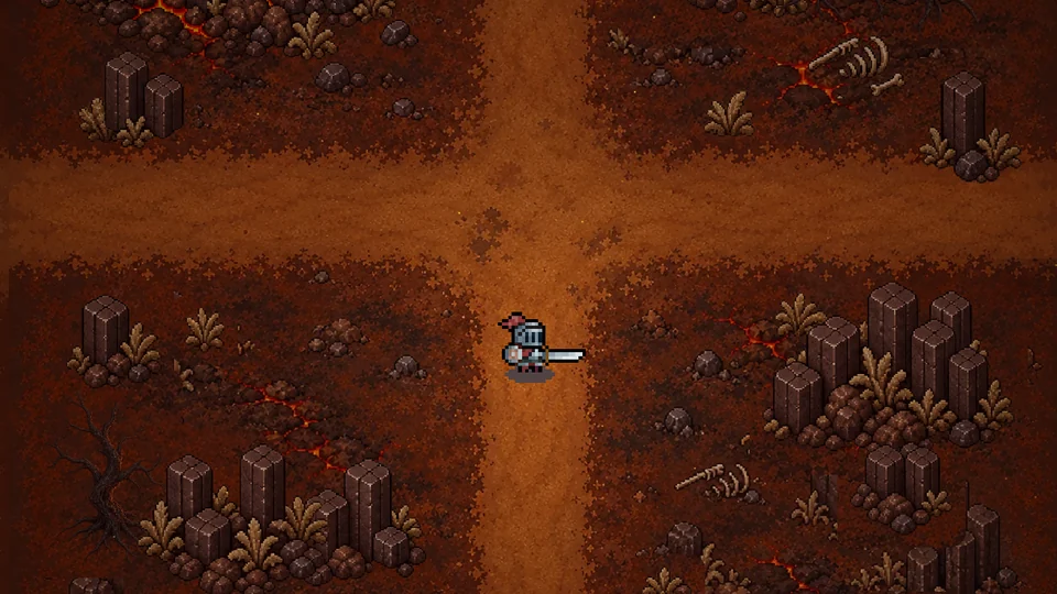 A hero on a dirt road crossing in the Lava Chasm, between basalt outcrops.